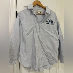 NWT Vintage Havana Women's Blue Striped Button Down Shirt with Embroidered Sun
